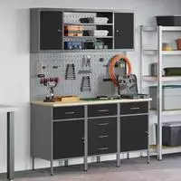 vidaXL Werkbank 7 Stk. Schwarz und Grau Ingenieure Holz und Stahl