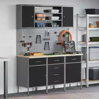 vidaXL Werkbank mit Schubladen 7-tlg., schwarz/grau, Holz und Stahl (3321442)