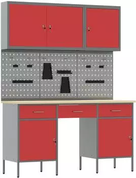 vidaXL Werkbank mit Schubladen, 10-tlg., rot (3321453)