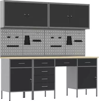vidaXL Werkbank mit Schrank 10-tlg., schwarz/grau, Holz und Stahl (3321476)