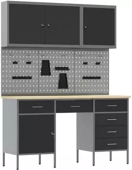 vidaXL Werkstattschrank-Set mit Werkbank und Stecktafel, 8-tlg., schwarz (3321464)