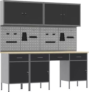vidaXL Werkbank mit Stauraum, 10-tlg., schwarz/grau, Holz und Stahl (3321470)