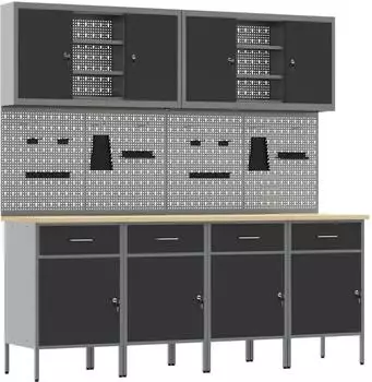 vidaXL Werkbank mit Werkzeugschrank 10-tlg., schwarz/grau, Holz und Stahl (3321484)