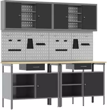 vidaXL Werkbank-Set 8-tlg., pulverbeschichteter Stahl, rot/grau (3321496)