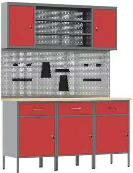 vidaXL Werkbank mit 7 Schubladen, Holz und Stahl, rot (3321431)