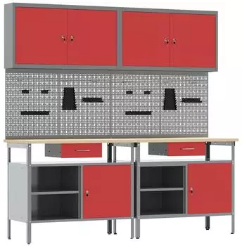 vidaXL Werkbank-Set 8-teilig, rot und grau, pulverbeschichteter Stahl (3321495)