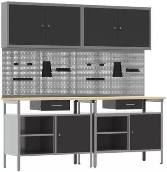 vidaXL Werkbank-Set 8-teilig, schwarz/grau, pulverbeschichteter Stahl (3321494)