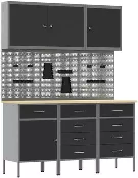 vidaXL Werkbank mit Schubladen, 8-tlg., schwarz/grau, Holz und Stahl (3321446)