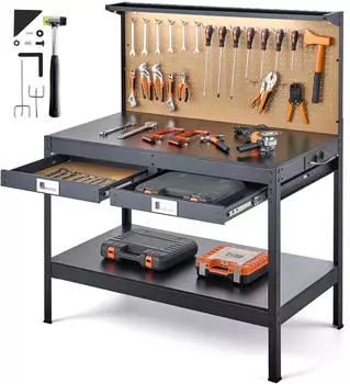VEVOR Werkbank mit Lochwand, 2 Schubladen, LED-Beleuchtung & Steckdosenleiste, 110kg (DGBGZT48X24IFG11E001V2)