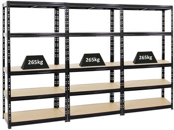 Proregal Mega Deal 3x Schwerlastregal Tiger HxBxT 180 x 90 x 45 cm Fachlast 265 kg 5-Ebenen Schwarz