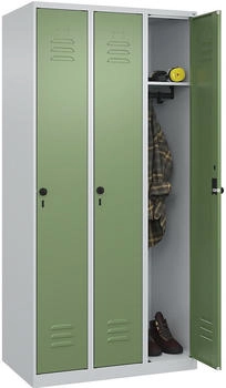 C+P Spind Classic PLUS 3-Abteile je 300mm breit bodenstehend Drehriegel (HxBxT) 1850x900x500mm 7035/6011