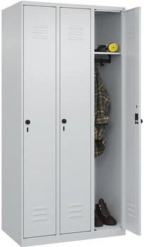 C+P Spind Classic PLUS 3-Abteile je 300mm breit bodenstehend Drehriegel (HxBxT) 1850x900x500mm 7035/7035