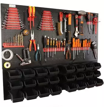 Botle Werkzeugwand Lochwand Metall, 24 Stapelboxen + Werkzeughalter, 51-tlg Set (BOT-TABMET120X90+ERGCZAR-MIX5)