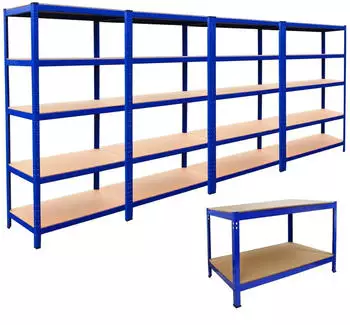 MonsterShop T-Rax Regalb&ouml;cke & Q-Rax Werkbank 4er-Set, Stahl, Blau, 90x45x180cm (T-Rax)