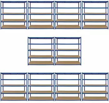 MonsterShop T-Rax Lagerregal 5 Ebenen 160x60cm Blau, Stahl & MDF, 265kg pro Boden (10er-Set)