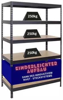 Proregal Rivet Schwerlastregal 180x120x60cm 250kg Fachlast, Stahl, Schwarz (RK9-09)
