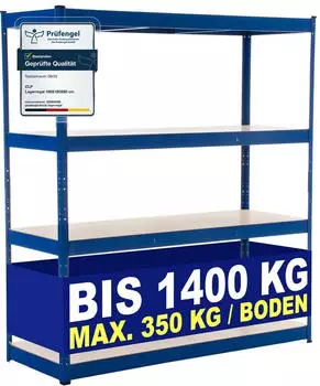 CLP Verzinktes Lagerregal 160x60x180cm, 4 Holzb&ouml;den, 1400kg, Blau (306541)