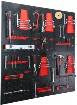Relaxdays Werkzeugwand 3 Lochw&auml;nde 26-tlg. Zubeh&ouml;r 60x40cm Metall schwarz/rot (10053672_9307)