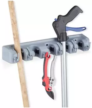 Relaxdays Ger&auml;tehalter Wandhalterung 10 Klemmhalter, 12 Klapphaken, 40cm, PP, grau, 2er-Set