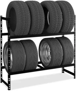 Relaxdays Reifenregal f&uuml;r 8 Reifen, 2 Ebenen, 150kg, Stahl, schwarz (110x100x35cm)