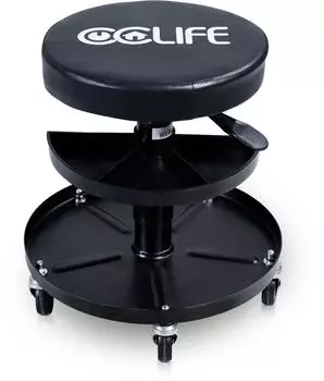 CCLife Technic Werkstatthocker h&ouml;henverstellbar 380-500mm mit Rollen, 2 Ablagen, 150kg (3106)