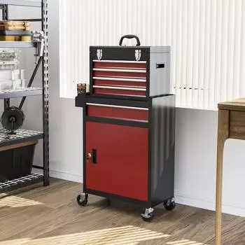 HomCom Werkstattwagen mit 5 Schubladen, abschließbar, 130kg, rot (28x102x60cm)