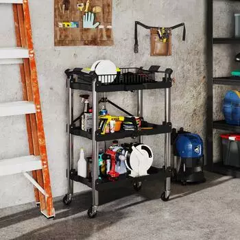 HomCom Werkstattwagen 3 Etagen klappbar, schwarz (B20-116V00BK)