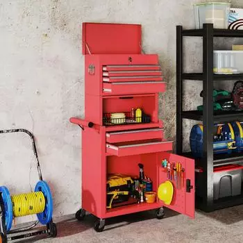 HomCom Werkstattwagen 3-in-1 mit Koffer, 6 Schubladen, abschlie&szlig;bar, rot (B20-125V00RD)