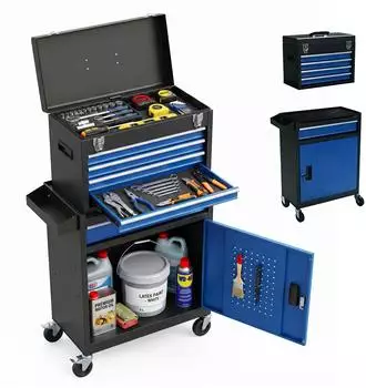 Relaxdays Werkstattwagen 5 Schubladen & Aufsatzbox, abschlie&szlig;bar, Stahl, schwarz-blau