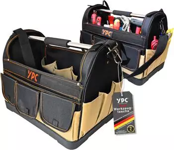 YPC Werkzeugtasche "Pioneer" Werkzeugkorb XXL 45x35x23cm 20 kg Tragkraft stabil praktisch Schultergurt mit Polster Metall-Handgriff Beige