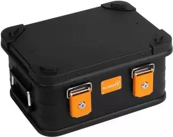 ALUBOX Kiste mit Deckel Metallkiste Spielkiste Alukiste 5 verschiedene Farben stapelbar & abschließbar Schwarz-Orange