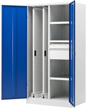 Pavoy Vertikalauszugschrank mit Trennwand + 2 Lochwandauszügen + 3 Böden + 2 Schubladen enzianblau lichtgrau
