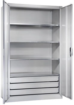 C+P Werkzeugschrank mit Drehtüren 4 Böden und 3 Schübe H1950xB1200xT500mm Front Lichtgrau Korpus Lichtgrau