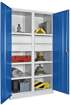 Pavoy Schwerlastschrank Premium mit Mittelwand 6 Fachböden + Schubladen 4x175 mm enzianblau lichtgrau