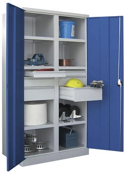 Pavoy Schwerlastschrank H1950 x B1040 x T630 6 Böden Schubladen:2x75 2x125 2x175 Korpus Lichtgrau / Front Enzianblau