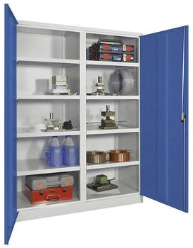 Pavoy Industrie-Schwerlastschrank Premium mit Mittelwand 8 Fachböden HxBxT 1.950 x 1.470 x 630 mm enzianblau lichtgrau