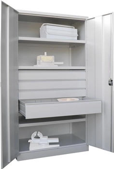 Pavoy Schwerlastschrank mit Türen B1040xT630xH1950 mm 3 FB SL 3xFH 125,1x175mm RAL 7035