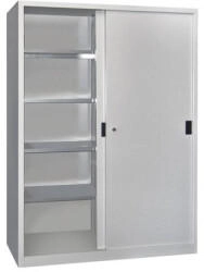 Pavoy Schiebetürenschrank Höhe 1950 mm Vollblechtüren BxT 1500 x 400 mm mit Trennwand und 2 x 4 Fachböden Tür lichtgrau