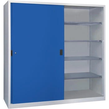 Pavoy Schiebetürenschrank Höhe 1950 mm Vollblechtüren BxT 2000 x 400 mm mit Trennwand und 2 x 4 Fachböden Tür lichtgrau