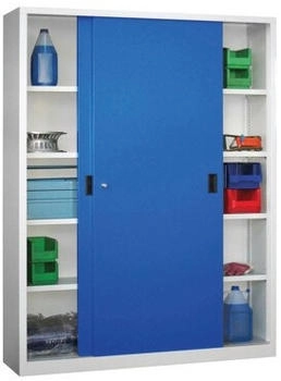 Pavoy Schiebetürenschrank Höhe 1950 mm Vollblechtüren BxT 1500 x 400 mm mit Trennwand und 2 x 4 Fachböden Tür enzianblau