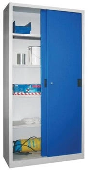 Pavoy Schiebetürenschrank Höhe 1950 mm Vollblechtüren BxT 1000 x 400 mm mit 4 Fachböden Tür enzianblau