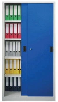 Pavoy Schiebetürenschrank Höhe 1950 mm Vollblechtüren BxT 1000 x 500 mm mit 4 Fachböden Tür enzianblau