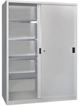 Pavoy Schiebetürenschrank Höhe 1950 mm Vollblechtüren BxT 1500 x 500 mm mit Trennwand und 2 x 4 Fachböden Tür lichtgrau