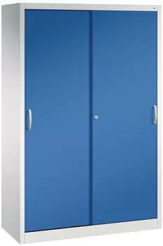 C+P Schwerlast-Werkzeugschrank mit Schiebetüren 4 Böden H1950xB1200xT500mm Front Enzianblau Korpus Lichtgrau