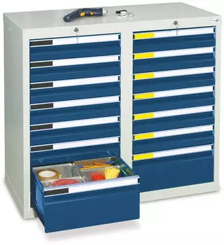 stumpf Schubladenschrank Premium Schubladen 12x100 + 2x200 mm 900 x 1.000 x 500 mm lichtgrau/enzianblau