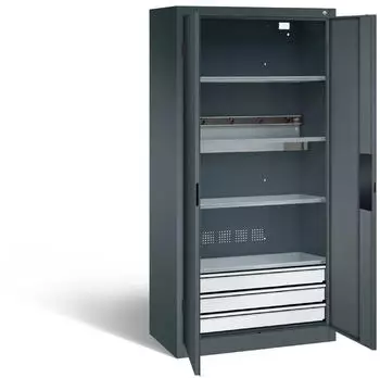 C+P Akku-Ladeschrank Serie 89 3 Schubladen 1 Elektro-Einlegeboden 5-fach-Steckdosenleistelichtgrau/lichtgrau