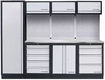 Kraftwerk MOBILIO 4-Element-Schrankwand mit Vierkantlochwand, rostfreie Arbeitsplatte, 2640mm (3964BIX)
