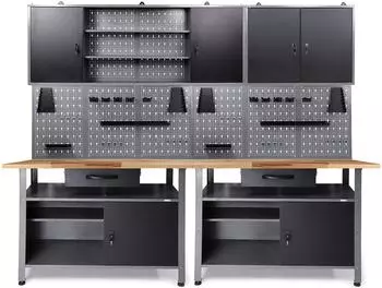Ondis Werkstatt-Set Klaus 240cm, 2 Werkbänke, 2 Werkzeugschränke, Lochwand