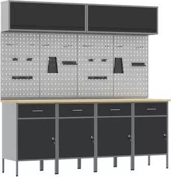 vidaXL Werkstattschrank-Set mit Schubladen und Stecktafel, 10-tlg., schwarz (3321486)