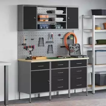 vidaXL Werkbank mit Schubladen, 7-tlg., schwarz/grau, Holz und Stahl (3321448)